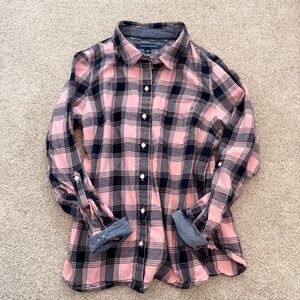 Tommy Hilfiger Button Down Shirt Womens M Pink Navy Blue Plaid Flannel Cotton